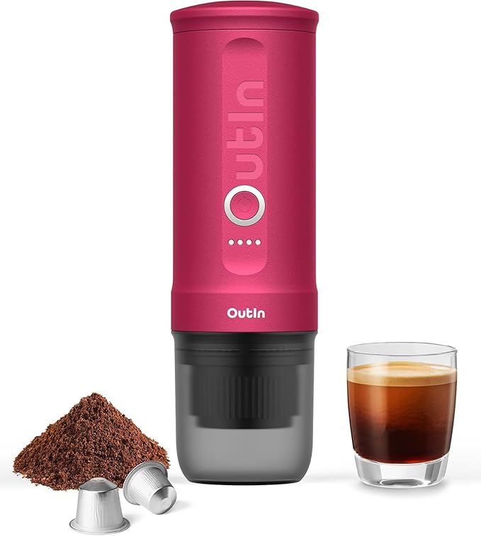 OutIn Nano Portable Electric Espresso Machine, Travel Coffee Maker for Camping, Car Coffee Maker Self-Heating with USB-C, With Ground Coffee & NS Capsule for RV, Hiking, Office
