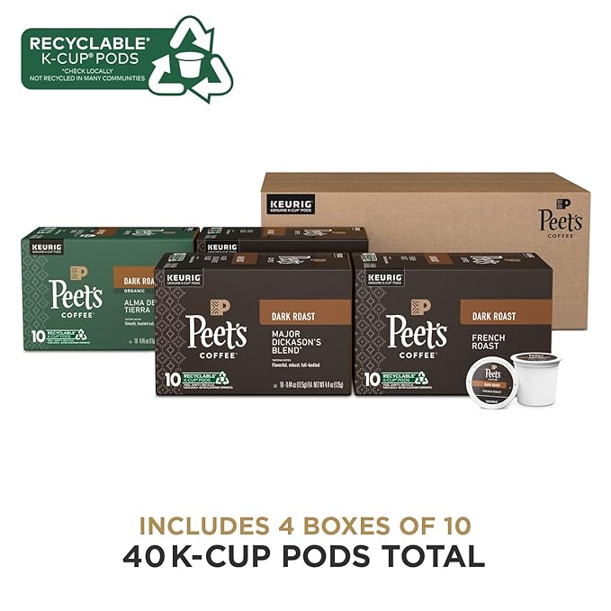 Peet's Coffee, Keurig K-Cup Pods Dark Roast Variety Pack, 100% Arabica Coffee - Major Dickason's Blend, French Roast, Organic Alma De La Tierra, House Blend, 40 Count (4 Boxes of 10 K-Cup Pods)