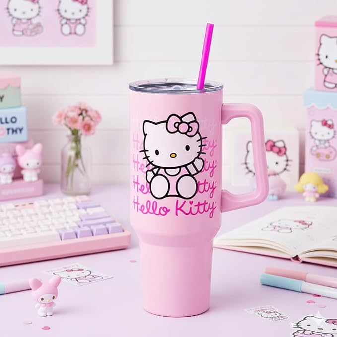 Silver Buffalo Sanrio Hello Kitty Waving Double Walled Stainless Steel Tumbler with Handle and Straw, Fits in Standard Cup Holder, 40 Ounces