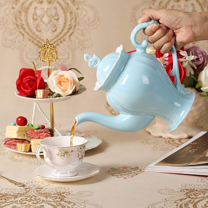 Fine Porcelain Light Blue English Teapot, Coffee Pot, Victoria Style, Light Weight, 37 Oz