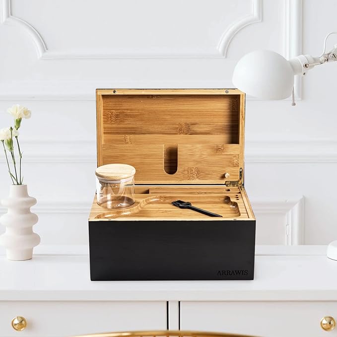 Large Bamboo Stash Box with Strong Magnetic Lid - Smell Proof Decorative Storage Box for Herbs, Spices & Keepsakes - Includes Removable Wood Tray and Glass Storage Jars - Natural & Discreet