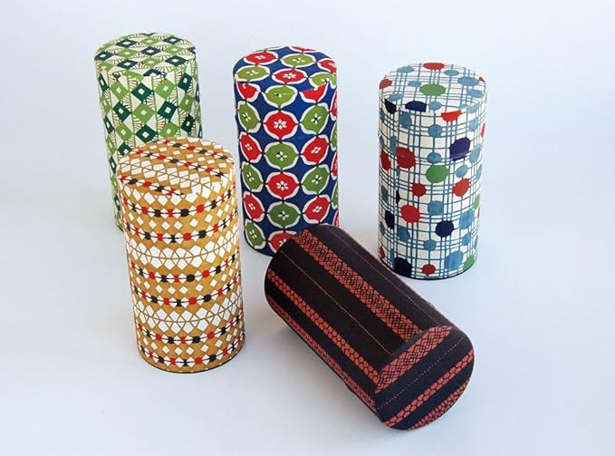 Japanese Pokkan Matcha Coffee Spice Tea Tin Canister Washi Paper Storage with Lid 7.05 oz Capacity (Hishi Tsunagi)