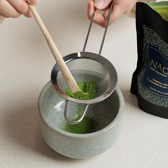 Naoki Matcha Complete Matcha Tea Ceremony Set - Includes: Bamboo Matcha Whisk & Bamboo Tea Scoop, Large Stainless Steel Sifter, Black Stoneware Bowl with Spout