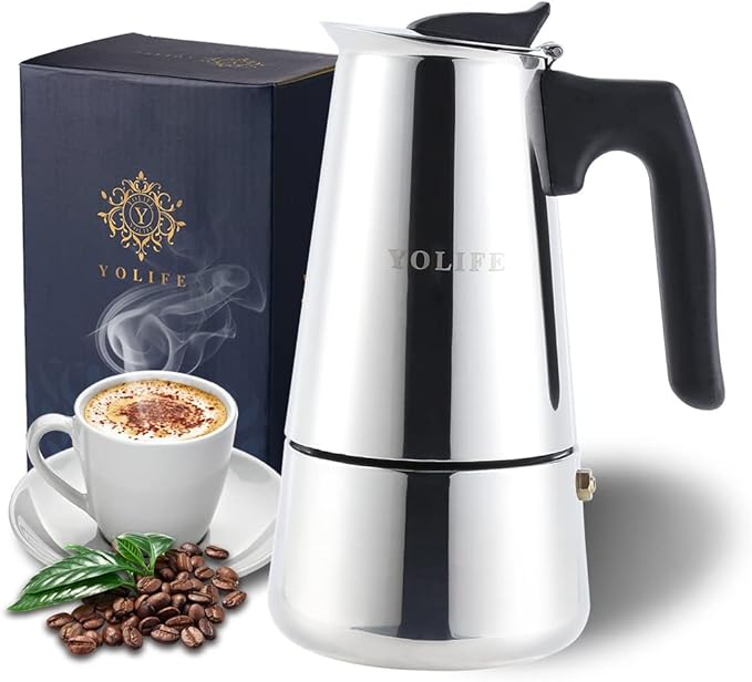 YOLIFE Stovetop Espresso Coffee Maker, Induction Stainless Steel Italian Moka Pot, Pressure Heat Cooking Coffee for Italian Espresso, Cappuccino and Latte, 300ml / 10oz / 6 Espresso Cup (1 Cup=50ml)