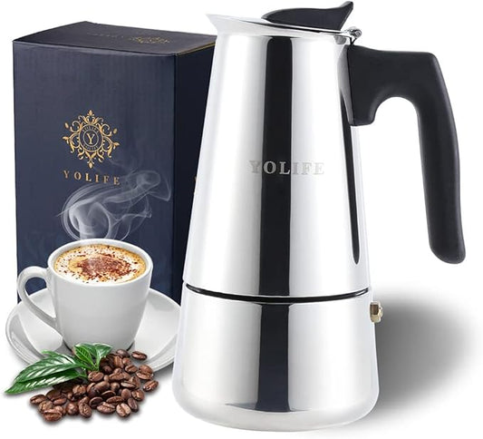 YOLIFE Stovetop Espresso Coffee Maker, Induction Stainless Steel Italian Moka Pot, Pressure Heat Cooking Coffee for Italian Espresso, Cappuccino and Latte, 300ml / 10oz / 6 Espresso Cup (1 Cup=50ml)