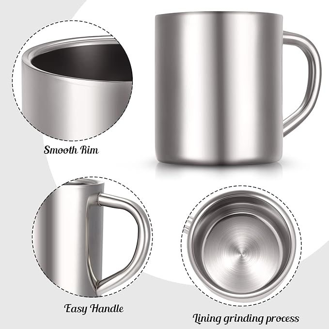 Cunhill 4 Set Small Stainless Steel Coffee Mug 7.5oz/220ml Metal Double Walled Cups Camping Mug with Handle Dishwasher Safe Tea Cups for Camping Travel Outdoors Rv Keep Drinks Hot