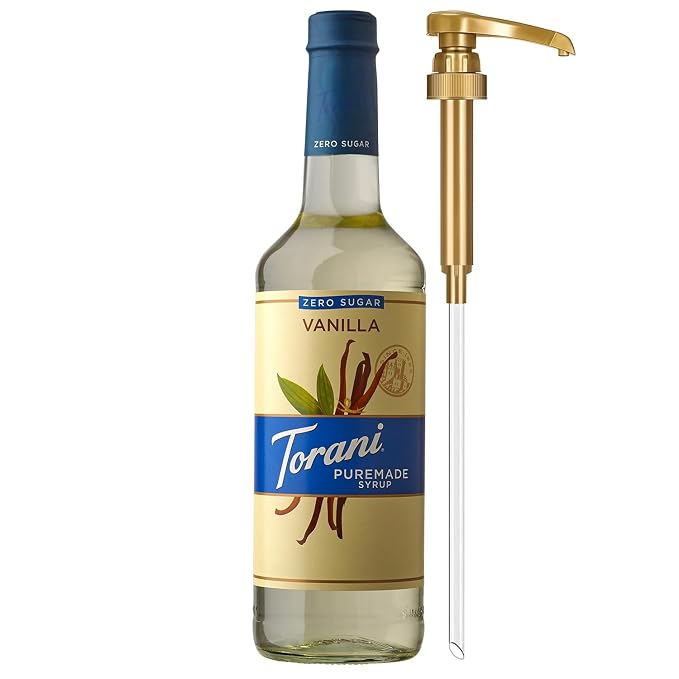 Torani Zero Sugar Puremade Syrup, Vanilla Flavoring for Drinks, Non-GMO, Glass Bottle with Pump Included, 25.4 Fl Oz by Torani