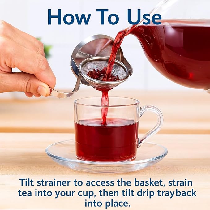 HIC Kitchen Tip Tea Strainer, 18/8 Stainless Steel, Loose Leaf Tea Filter With Drip Tray, Mess-Free Tea Serving