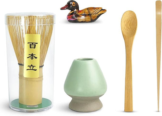 Artcome 5 Pcs Japanese Matcha Tea Set, Matcha Whisk, Traditional Scoop, Tea Spoon, Scoop Holder, Ceramic Whisk Holder Handmade Matcha Ceremony Kit For Traditional Japanese Tea Ceremony