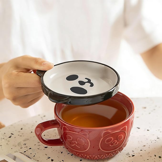 Cute Kawaii Panda Coffee Mugs with Lids,Christmas Birthday Presents for Girls Friend Kids Men Wife Mom Grandma Teacher,Novelty Animal Coffee Ceramic Tea Cup Dessert Saucer Set Gifts for Women Her
