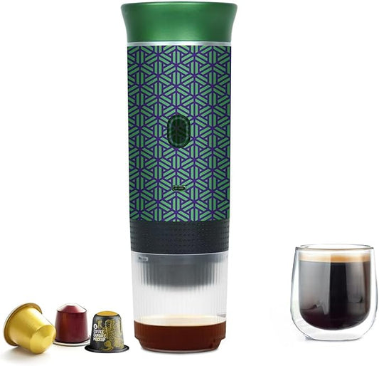 Coffee Maker Gift Set for Camping,Battery Powered Portable Electric Espresso Machine, Rechargeable Coffee Maker Self Heating Ground Coffee Capsule for RV, Hiking (Green mix Black)