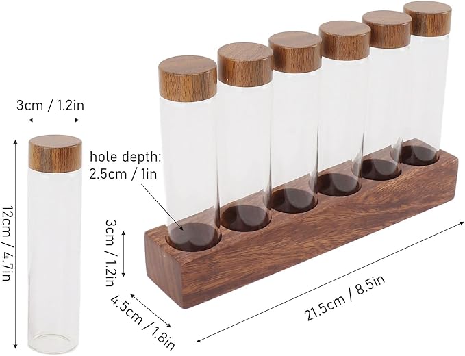 Fockety Coffee Bean Storage Tubes Single Dose, 6PCS or 12PCS Coffee Bean Cellar, Dosing Glass Vials with Lids, Wooden Display Stand and Funnel, Airtight Sealed Glass Canister Jars Tubes