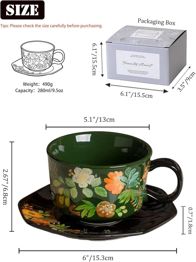 Green Floral Coffee Cup and Saucer Set, 9.5 oz (280ml) Ceramic Tea Cup with Saucer, Glossy Finish Botanical Mug for Espresso, Cappuccino, Latte, Home Kitchen, Office Gift