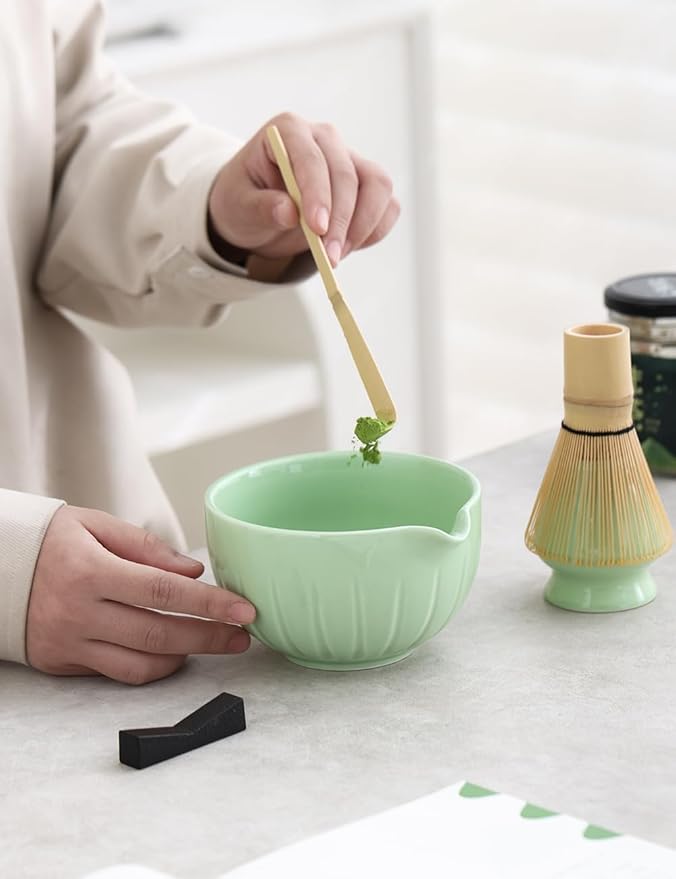 TANG PIN Matcha Set - Match Bowl and Whisk, 15 OZ, Matcha Scoop | Matcha Whisk Stand (Chasen Holder) - 5pc Perfect Matcha Kit for Matcha Tea Ceremony (Green)