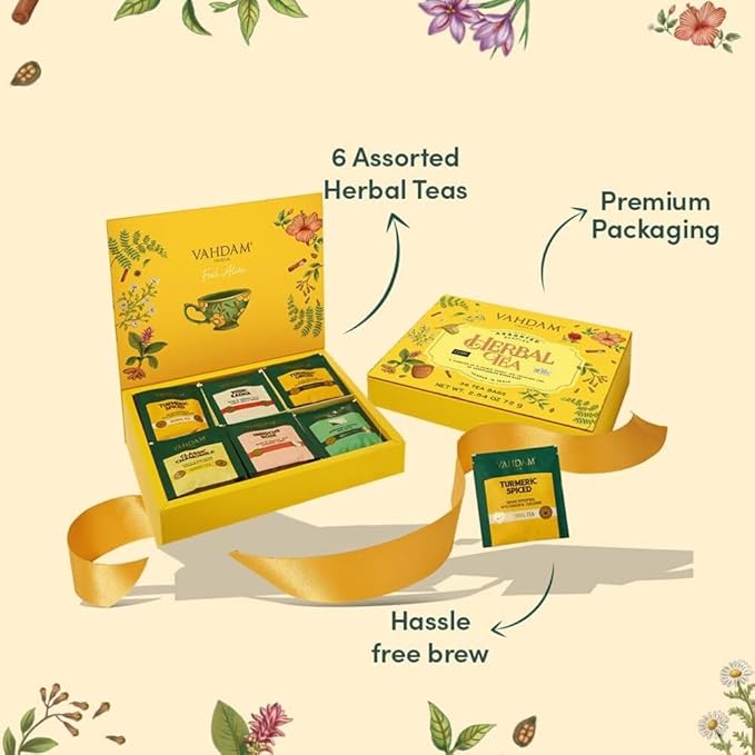 VAHDAM, Assorted Herbal Tea Variety Pack (6 Variants, 36 Tea Bags) Caffeine Free, Gluten Free, Non GMO | Eco Friendly Long Leaf Pyramid Tea Bags I Tea Gift Set for Men and Women