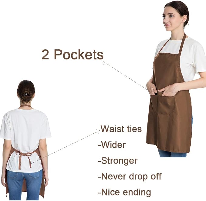 Total 6PCS Brown Bib Apron Adult with 2 Pockets for Women Men Chef Cooking Kitchen (6, Brown) - Image 3