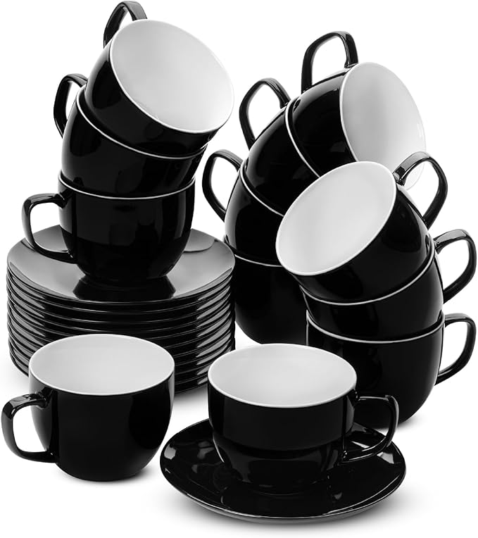 BTaT- Cappuccino Cups with Saucers 8 oz, Set of 12, Black Porcelain Coffee Cup and Saucer Set for Latte, Mocha, Tea, Au Lait, Flat White, Dishwasher, Microwave, Freezer and Oven Safe
