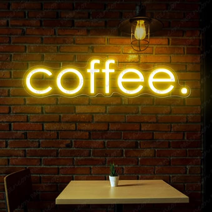 Coffee Neon Sign (48x12'', Remote and Plug included) Cafe Led Light coffee. led light coffee shop decorations wall decor (48x12" - Yellow)