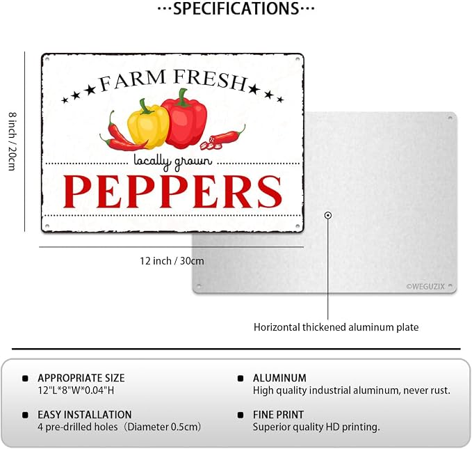 Vintage Peppers Metal Signs Wall Decor Funny Vegetables Art Poster Decorative for Home Farmhouse Kitchen Garden Cafe Bar Farm Porch Fence Yard 12X8 Inch Aluminium Hanging Plaque - Image 2