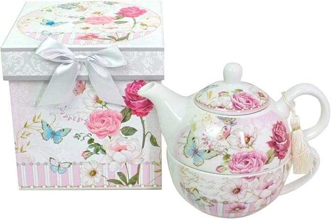 Lightahead Bone China Tea for One Set in Rose Design, in attractive Reusable Handmade Gift Box (With Ribbon)