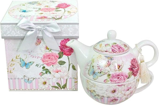 Lightahead Bone China Tea for One Set in Rose Design, in attractive Reusable Handmade Gift Box (With Ribbon)