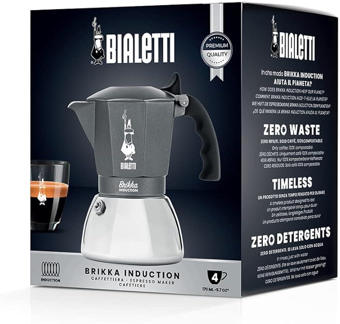 Bialetti Brikka Induction Coffee Maker, 4 Cup (170ml), Espresso Bar Style, Suitable for All Types of Cookers, Stylish Design, Silver