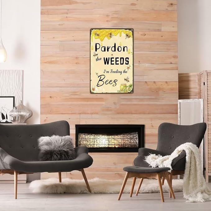 Bee Sign Pardon The Weeds I'm Feeding The Bees Signs Vintage Garden Decor Metal Tin Sign Bee Classroom Theme for Outdoor Decoration Home Yard Garden Wall Decor 12x8 Inches - Image 3