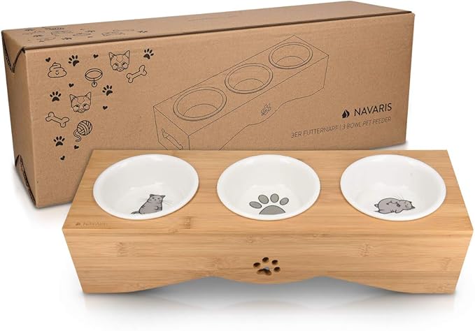 Navaris Cat Bowls with Stand - Elevated Triple Feeder for Cats - Ceramic Pet Bowl Dishes 3-Pcs Set with Printed Designs and Raised Bamboo Wood Holder