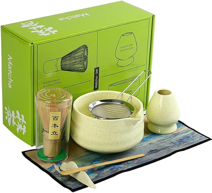 7 matcha whisk set 1 Matcha Whisk ，Matcha Bowl with Pouring Spout Scoop Matcha Whisk Holder Tea Making Kit. 1 matcha whisk set (7pcs), 15.2 Ounce (Yellow)