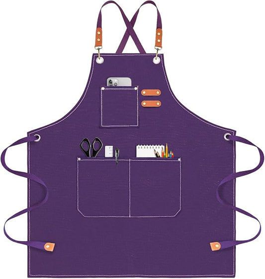 OUNLEN Chef Apron for Men Women Canvas Aprons with 3 Pockets Cross Back Resistant Work Apron for Cooking