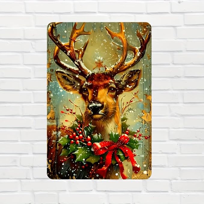 Vintage Christmas Reindeer Metal Tin Sign - Festive Iron Wall Art for Home, Bar, Cafe & Garage Decor, 12x8 inches by Unknown