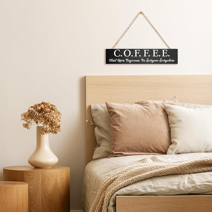 AGMDESIGN Kitchen Cafe Coffee Bar Pub Signs Decor for Wall, Christ Offers Forgiveness for Everyone Everywhere Wooden Sign, Religious Coffee Lover Gifts for Friends, Rustic Cafe Wooden Hanging Plaque - Image 5