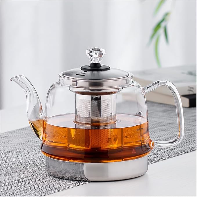 Induction Cooker Special Glass Teapot, Heat Resistant Borosilicate Glass Teapot With Stainless Steel Inner Filter for Loose Tea,tea Kettle Stovetop Clear Glass Flowe A-1.4L