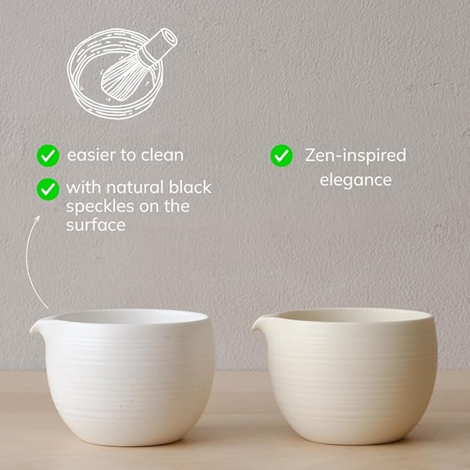 Matcha Whisk Set, Ceramic Matcha Bowl & Whisk Holder, Bamboo Accessory, Modern Design (Matte Crème, Pouring Spout) (Matte White)