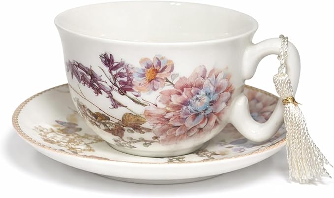 STP GOODS Bone China Tea/Coffee Cup and Saucer in Gift Box Fine Bone China Coffee Cup with Saucer Tea Cup and Saucer Set of One,Porcelain Cup and Saucer (Wildflower Meadow)