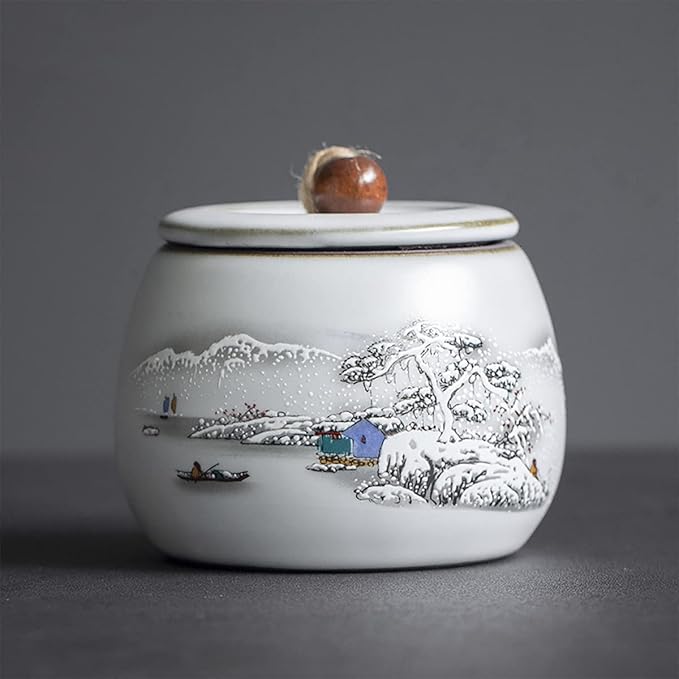 Chinese Style Ceramic Tea Caddy Tea Canister Tea Storage Container Tins Jar with Airtight Lid Wet-proof Tank for Tea, Coffee, Herb, Sugar, Spice, Nuts-Snow-6 OZ