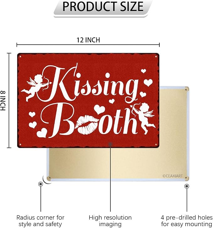 Kissing Booth Tin Sign Love Heart Pattern Metal Signs Valentine's Day Wall Art Decoration Home Farmhouse Bar Kitchen Cafe Living Room Coffee Corner White Day Decor Romantic Gift 12" x 8" - Image 2