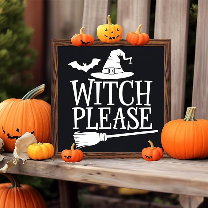 Vintage Witch Please Wooden Sign, With Frame Witch Broom, Bats Elements Decorative Sign for Bedroom, Kitchen, Cafe, Bar Wall Decor, Halloween Decor 7.87x7.87 Inch - Image 7