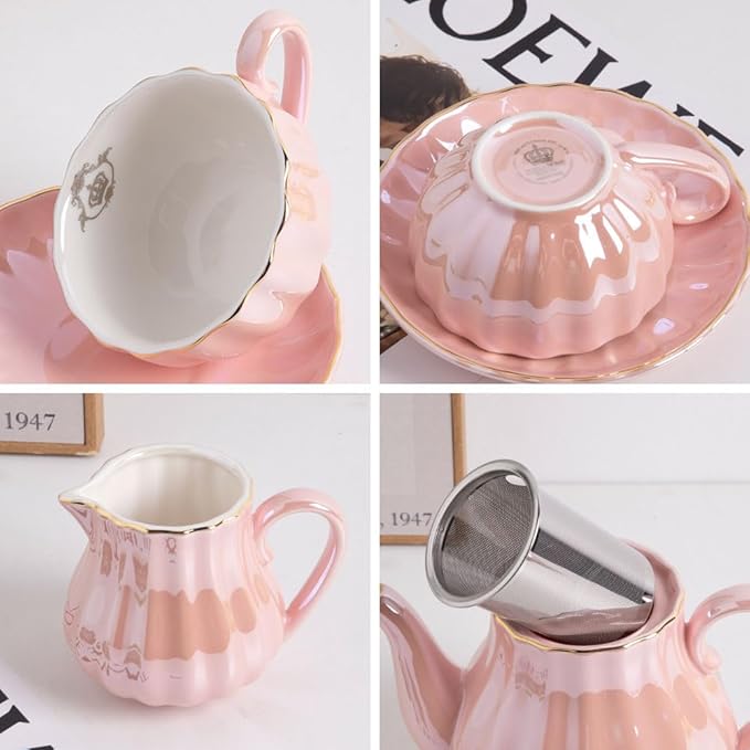 Sweejar Porcelain Tea Sets British Royal Series, 8 OZ Cups& Saucer Service for 6, with Teapot Sugar Bowl Cream Pitcher Teaspoons and tea strainer for Tea/Coffee (Coral Pink)