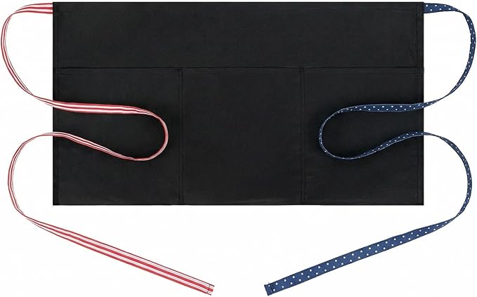 BOHARERS 3-Pocket Waist Apron With American Flag Print Straps - Black Waitress Waiter Server Short Aprons