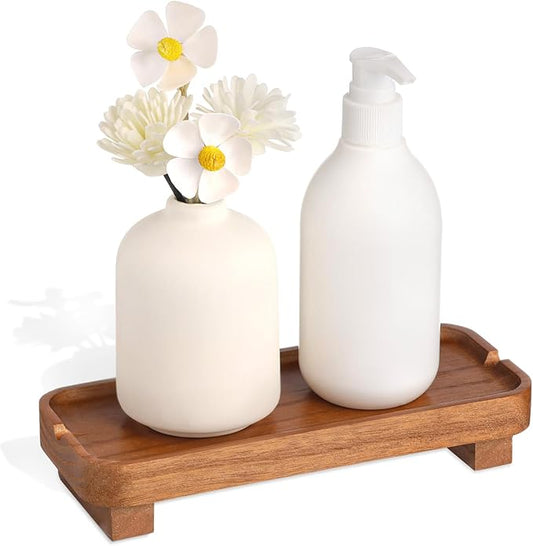 Wood Riser Small Decorative Tray Sink Soap Dish, Vanity Tray Pedestal Stand 8.7 x 3.6 inches (Light Brown)