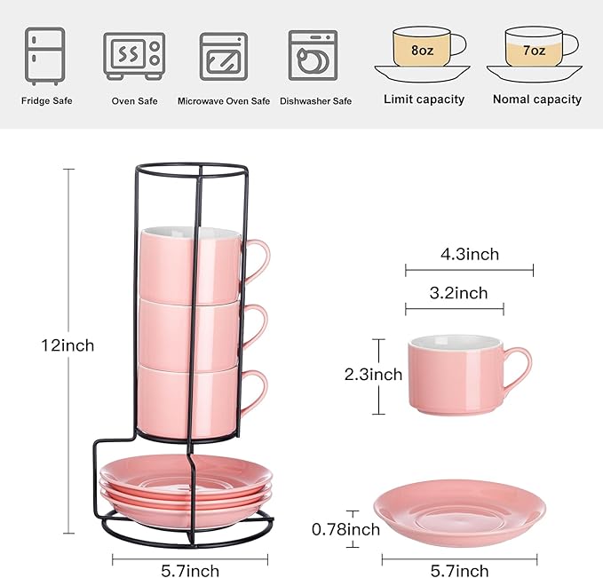 8oz Porcelain Stackable Cappuccino Cups with Saucers and Metal Stand Set of 4, Cappuccino Cups Set of 4, Pink Coffee Cups for Espresso, Specialty Coffee Drinks, Latte, Americano and Tea