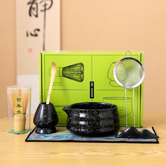 Matcha Set Matcha Whisk Matcha Bowl With Water Ladle Matcha Whisk Holder Tea Making Kit.Japanese Tea Set(7pcs)+1Spoon，Celadon Blue gift set… (Black spots)