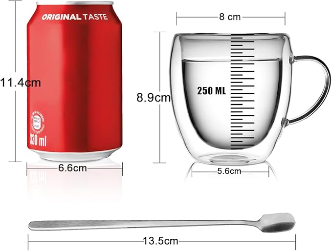 LIBWYS 12oz Double Walled Coffee Cups Glasses Mugs, Espresso Cappuccino Latte Tea Cups with Handle 350ml (2x250ml)