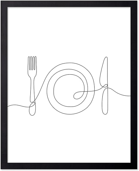 Poster Master Vintage Minimalist Poster - Retro Illustration Print - Fork, Plate, Knife, Line Drawing, Simple - Gift for Artist, Friend - Wall Decor for Kitchen, Restaurant, 8x10 Black Framed