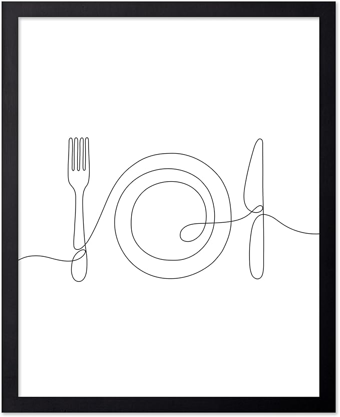 Poster Master Vintage Minimalist Poster - Retro Illustration Print - Fork, Plate, Knife, Line Drawing, Simple - Gift for Artist, Friend - Wall Decor for Kitchen, Restaurant, 16x20 Black Framed