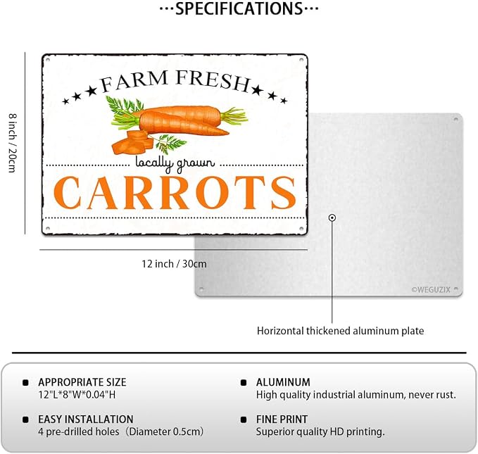 Vintage Carrots Metal Signs Wall Decor Funny Vegetables Art Poster Decorative for Home Farmhouse Kitchen Garden Cafe Bar Farm Porch Fence Yard 12X8 Inch Aluminium Hanging Plaque - Image 2