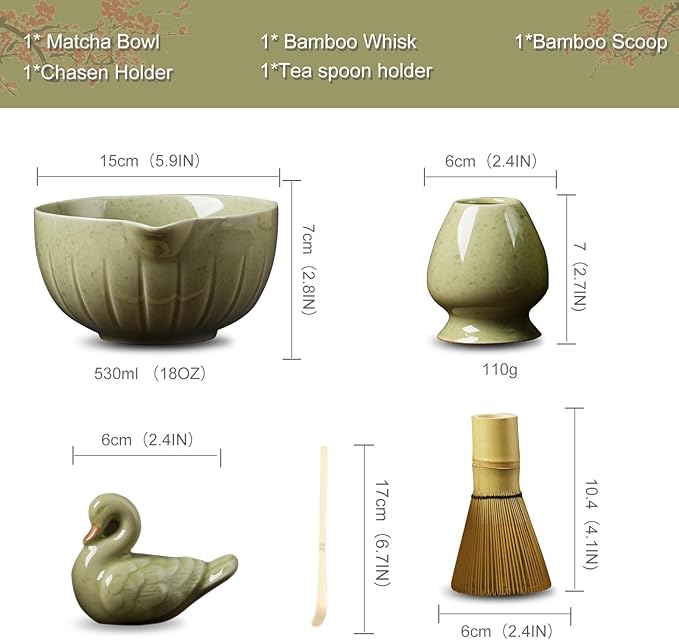 Matcha Whisk Set - 5PCS Japanese Tea Set Includes Matcha Bowl with Spout, Bamboo Whisk with Ceramic Holder, Bamboo Scoop and Sifter, Matcha Kit for Ceremony, Gift for Family/Friend (Green/5PC)