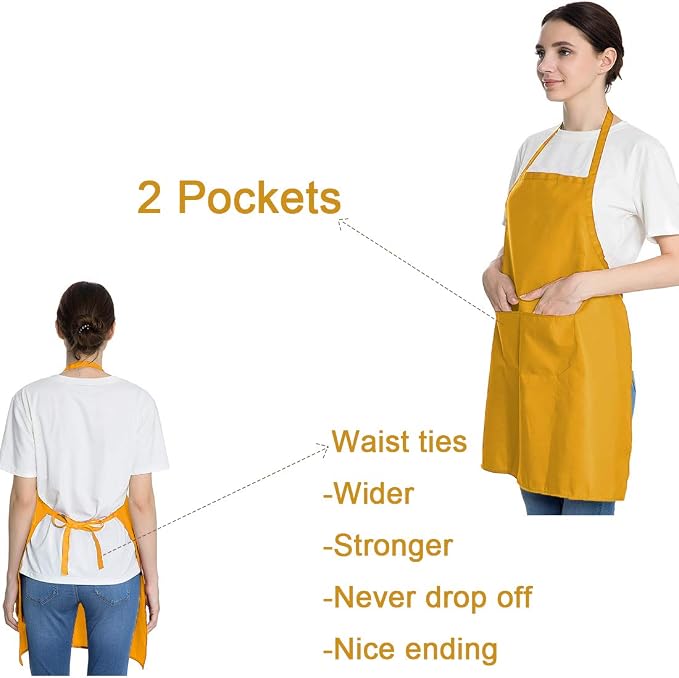 Total 6PCS Yellow Apron for Adult Women Unisex Durable Comfortable with 2 Front Pocket Washable Plain Color Bib Chef Apron for Cooking Baking Kitchen Restaurant Crafting Painting Party - Image 3