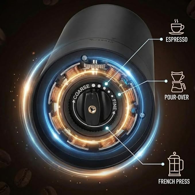 Caldwell Kitchen Portable Electric Coffee Grinder - USB Rechargeable Automatic Ceramic Burr Mill for Travel, Camping & Home - Adjustable Fine to Coarse Settings - Black